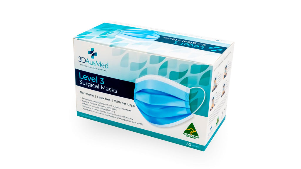 3DAusMed Surgical Face Mask Level 3 Blue Earloops - 50pk (TGA Approved - Australian Made)