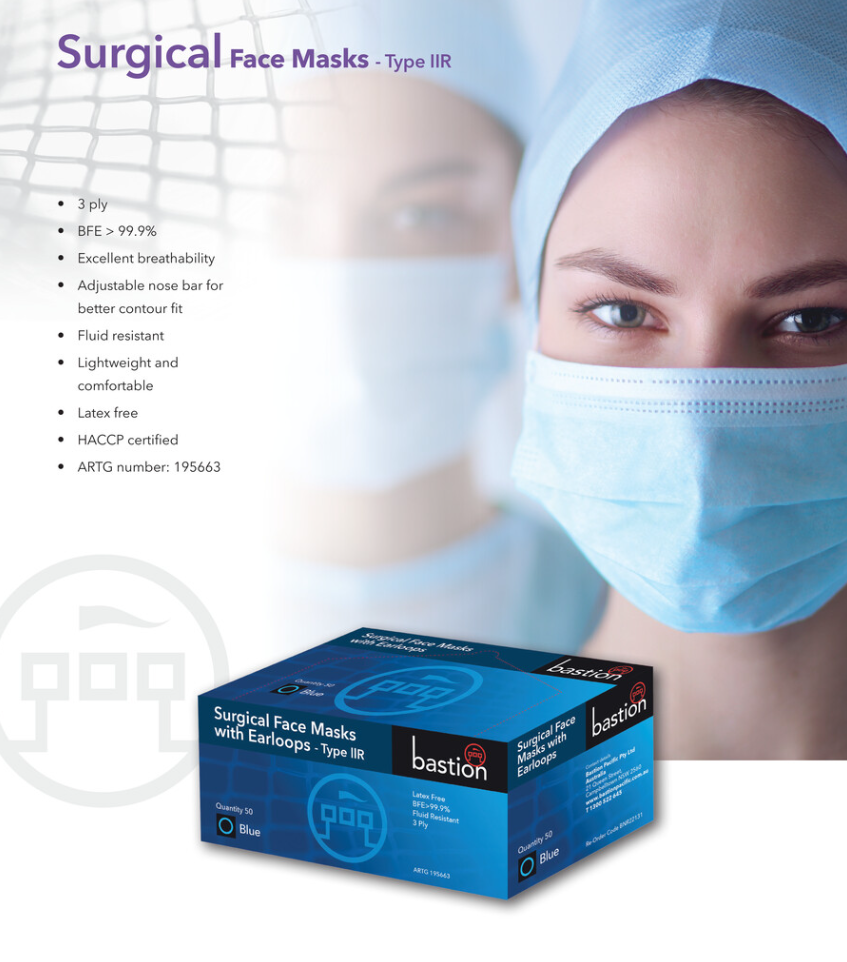MorpheAUS - Bastion Surgical Face Masks Type IIR - Earloops - 50pcs - Blue - TGA Approved-ARTG No. 195663 - 3Ply - BFE>99% - Level 3 - Latex Free - Fluid Resistant 160mmHg - HACCP Certification 