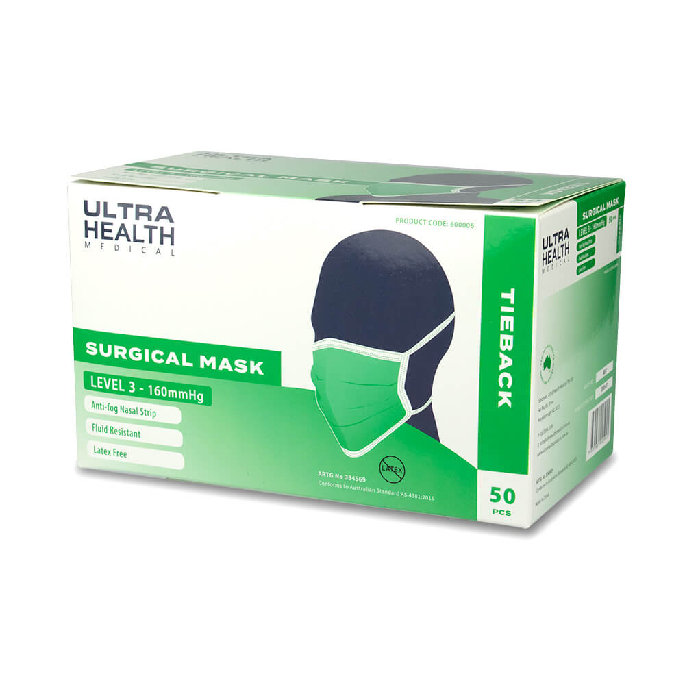 Ultra Health Surgical Face Mask Level 3 Green Tieback - 50pk (TGA Approved)